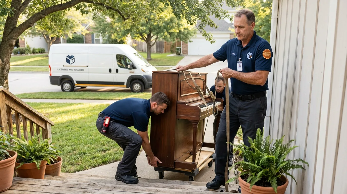 Licensed piano movers securing grand piano in Deshler, OH