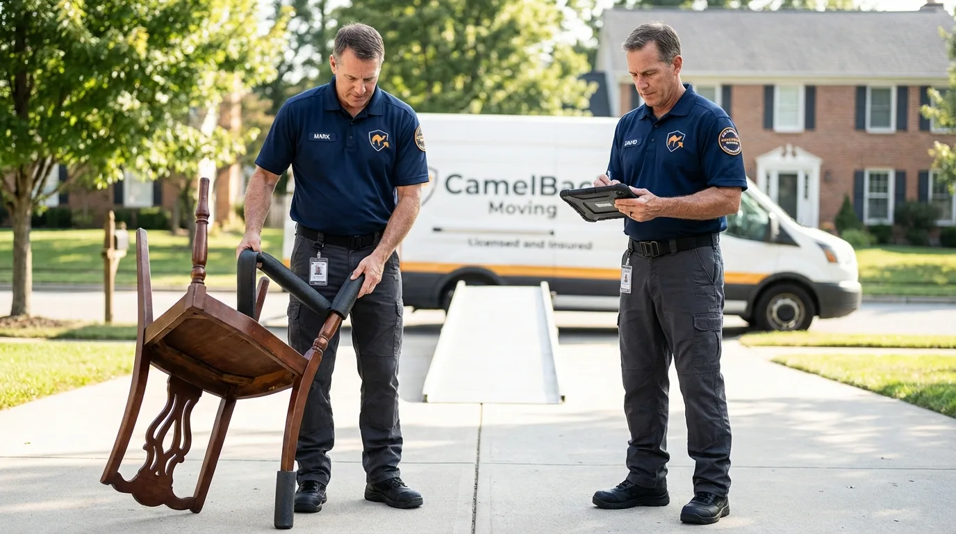Movers inspecting furniture for damage prevention before loading in Deshler, OH